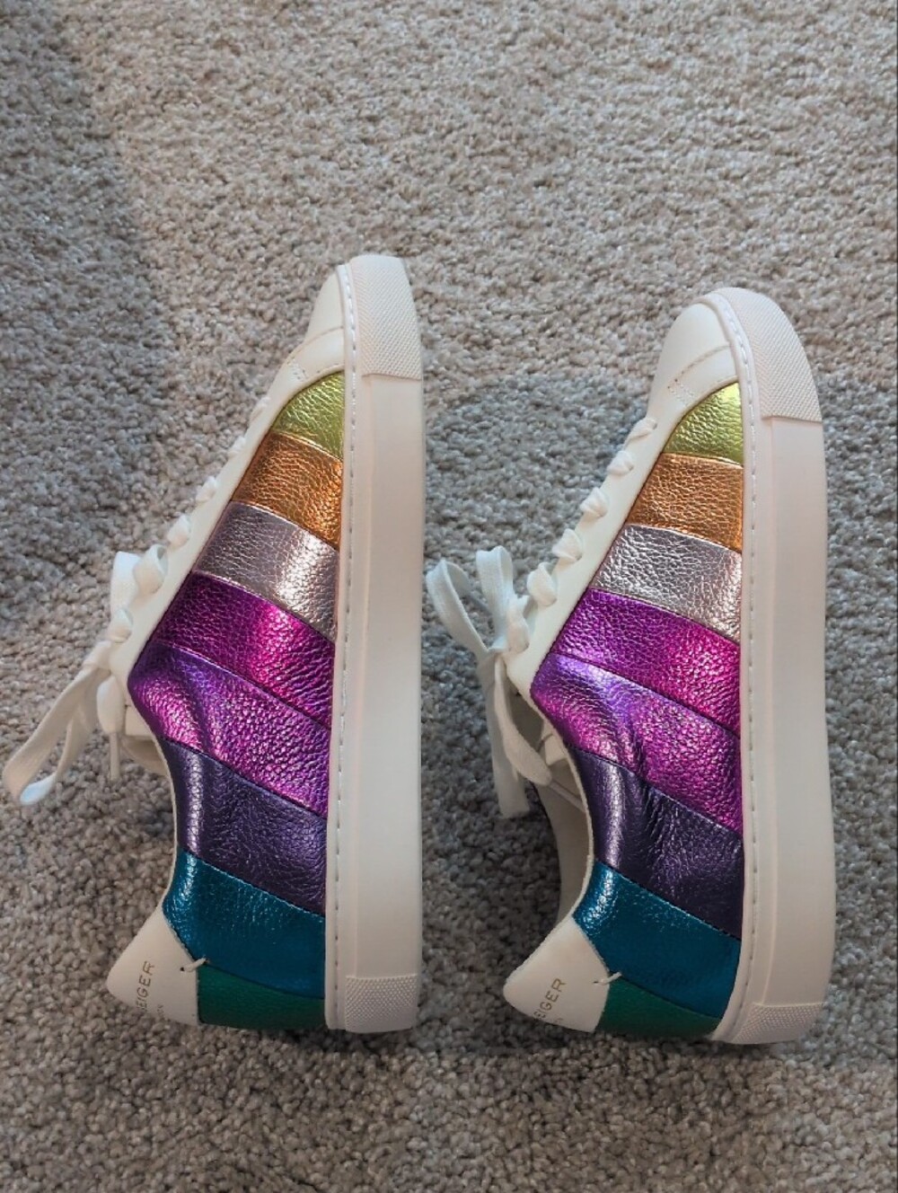 Kurt Geiger Womens White Sneakers with Iridescent Purple, Teal & Gold Accents